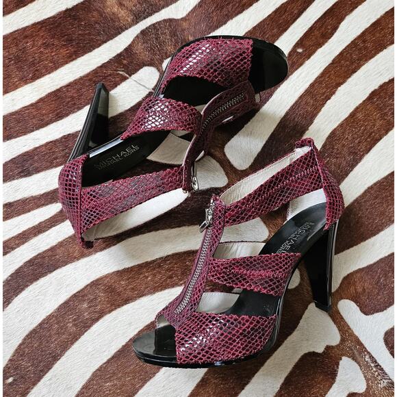 Michael Michael Kors Heels Womens 7 M Berkley Open Toe Gladiator Snake Burgundy - Picture 5 of 7